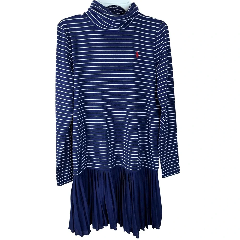 Polo Ralph Lauren Girls XL 16 Navy‎ Striped Mock Neck Pleated Madison Dress NEW